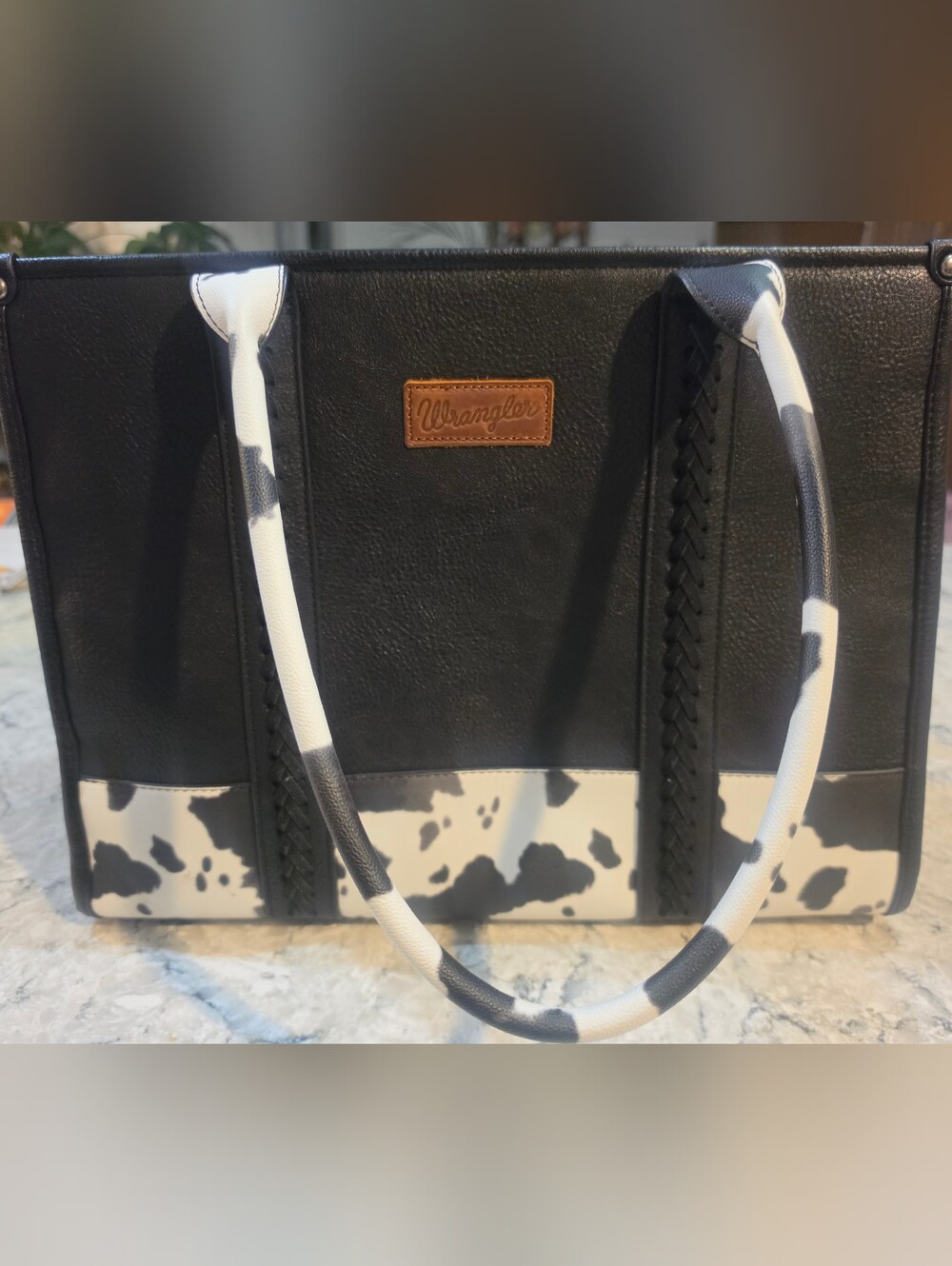 Wrangler Black & White Cow-Print Messenger Tote